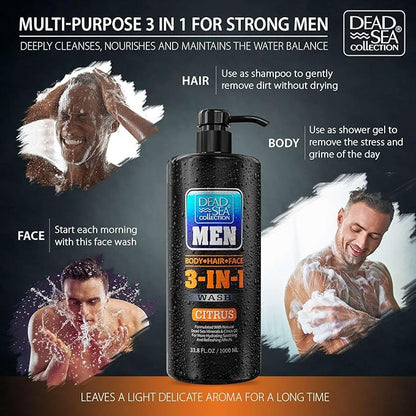 Dead Sea Collection Mens Body Wash 3 in 1 – Citrus Body Wash for Men – Shower Gel – Shampoo – Shower Soap for Face and Hair – Pack of 2 Bottles (33.8 Fl. Oz. Each)