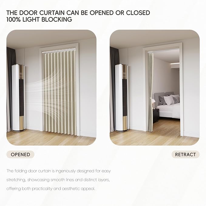 Accordian Door Curtain, 100% Blackout Folding Magnetic Doorway Curtains,Linen Style Closet Doors,for Room Divider,Privacy Protection（W52 x L78,Beige,1 Panel）