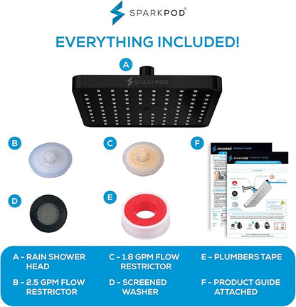 SparkPod Shower Head - High Pressure Rain - Premium Quality Luxury Design - 1-Min Install - Easy Clean Adjustable Replacement for Your Bathroom Shower Heads (Midnight Black Matte, 8 Inch Square)
