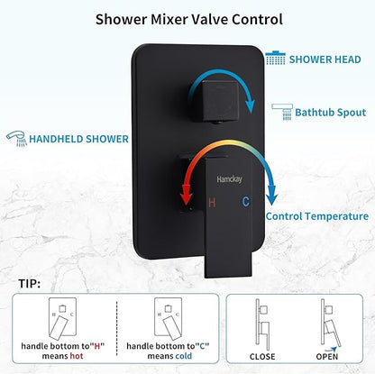 12 inch Matte Black Shower System with Tub Spout, Shower Faucet Set with Rain Shower Head and Handheld 3-Setting, Waterfall Bathtub Spout Rainfall Shower Combo Set for Bathroom Wall Mounted