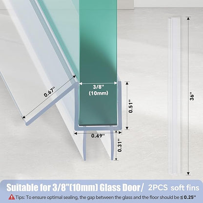 2-Pack Shower Door Bottom Seal, (3/8" x 36") Ultra Clear Glass Shower Door Seal Strip, Stop Leaks and Create a Water Barrier