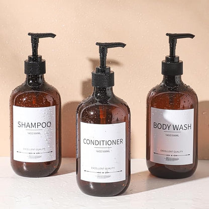 Stylish Shampoo Bottles Refillable with Pump,(5Pack) Amber Shampoo and Conditioner Dispenser,Shampoo Bottles with 8pcs Lables