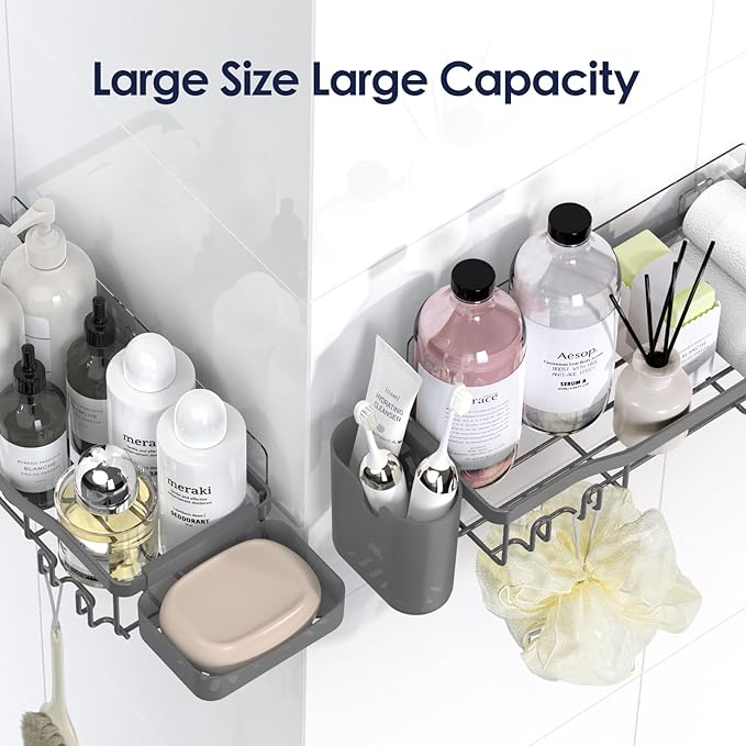 Shower Caddy Adhesive Shower Organizer 7-Pack, Rustproof Stainless Steel Bathroom Shelves, Large Capacity No-Drill Rack Storage Accessories with Soap Dish Toothbrush Holder Hooks (Gray)