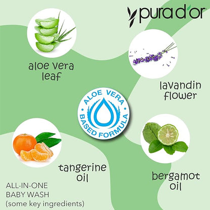 PURA D'OR All-in-One Baby Wash (16 Oz x2 = 32 Oz) USDA Biobased, Zero Sulfates, No Artificial Scents, Tear-Less, Hypoallergenic, Gentle, Calming 2-in-1 Baby Bath Wash & Shampoo