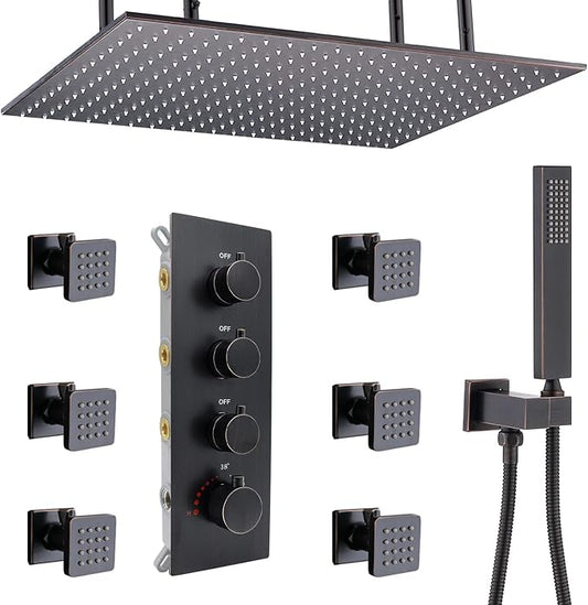 16x32 Inches Bathroom Shower System Ceiling Mount Thermostatic Luxury Rain Shower With 6 On/Off Body Jets and Handheld Shower Faucet Set Full Body Massage Shower Mixer Combo Set Oil Rubbed Bronze