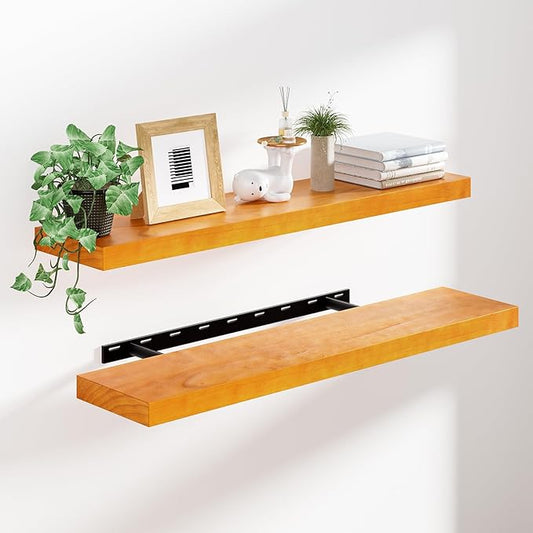 Heimlove 36 inch Floating Shelves for Wall,2 Packs Natural Pine Solid Wood Floating Shelves, 8 inches Deep Wooden Shelves for Kitchen Bedroom Office & Living Room Display Wall Decor