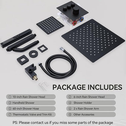 Shower Faucet Set Matte Black Shower System,12" Ceiling Rainfall and 6" Wall Mount Rain Shower with 2 in 1 Handhled, Can Use All at Once, Thermostatic Shower Set with Valve and Trim Kit