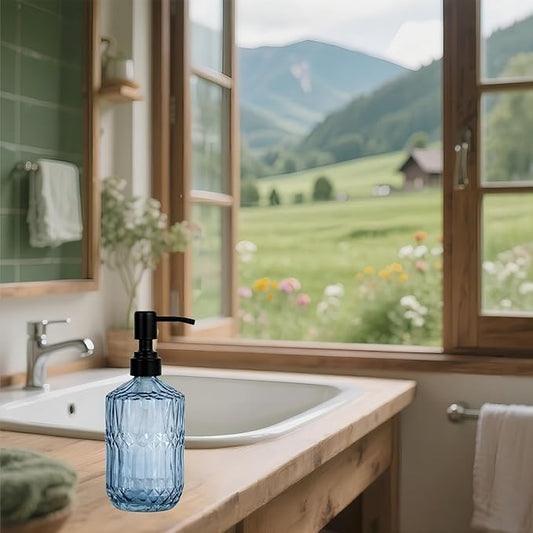 18oz Blue Glass Soap Dispenser, Refillable Kitchen, Bathroom Thick Glass Soap Dispenser with Black Rustproof Pump for Dishwashing Liquid, Hand Soap, Lotion, Body Wash (Blue-Black Pump)