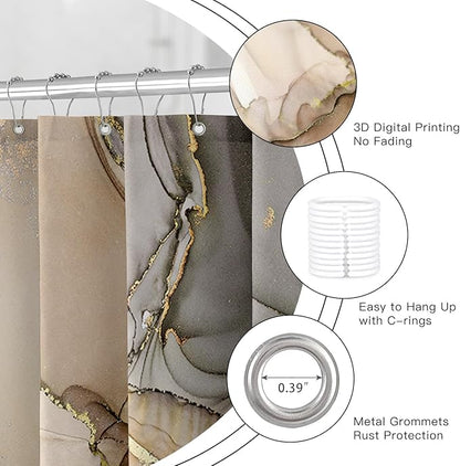 Extra Long Shower Curtain 72 x 96 Inch, Brown Floor to Ceiling X-Long Abstract Marble Shower Curtains for Bathroom, Modern Luxury Art Ink Fabric Shower Curtain Set with Hooks