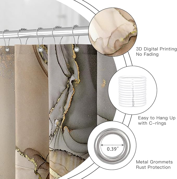 Brown Marble Shower Curtain, Modern Abstract Fabric Shower Curtains for Bathroom, Luxury Art Ink Texture Watercolor Shower Curtain Set with Hooks 72x72
