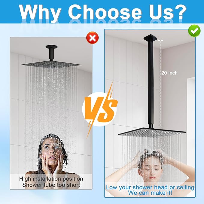 Ceiling Mount Shower Arm with Flange 20 Inches Square Straight Extender Extension Pipe Replacement, Long Shower Arm For Fixed Rain Shower Head or High Ceiling,Matte Black