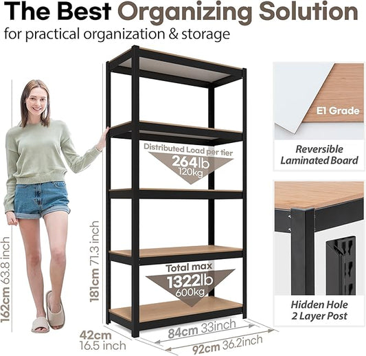 HOMEDANT House 36.2" W 5 Tier Heavy Duty Garage Shelving Adjustable Metal Rack Storage Shelves Standing Shelf Unit Organizers Pantry Closet Office Black 1Pack