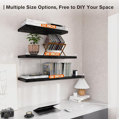 Wall Shelf Set of 3,Dark Wood Floating Shelves 24 in W x 10 in D x 1 in H, Wooden Floating Wall Shelf with Invisible Brackets for Living Room/Bedroom/Bathroom/Kitchen Storage and Decor
