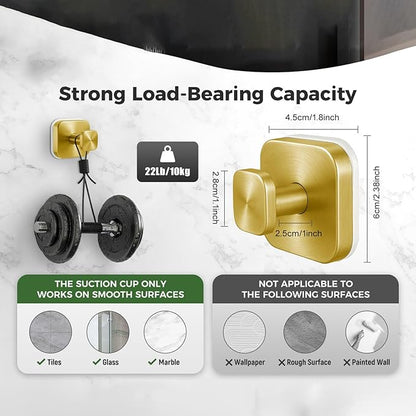 4Pcs Square Suction Cup Hook, 304 Stainless Steel Shower Hook, Removable Suction Cup Knob for Shower, Bathroom, Kitchen, Glass Door, Mirror (Gold)