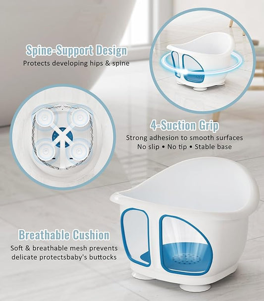 Baby Bath Seat for Babies 6-12 Months, Bath Tub for Baby with Non-Slip Suction Cups, Infant Bath Chair for Newborn, Quick-Dry Mesh (Blue & White)