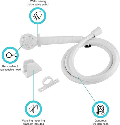 Dura Faucet DF-SA130-WT RV Economical Shower Head and 60 inch Hose Kit, Water Saving Trickle Switch (White)