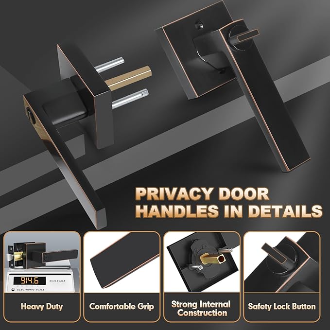 Privacy Door Levers, 5 Pack Oil Rubbed Bronze Door Handles Interior Heavy Duty Bed and Bath Keyless Door Locksets, Reversible for Left Right Handed Doors