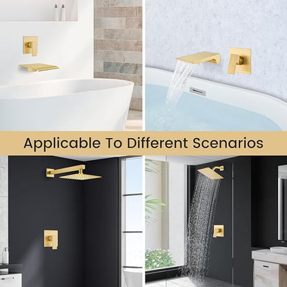 Airuida Square Single-Function Brass Faucet Shower Rough-in Valve Male Thread Bathroom Trim Kit Single Handle Tub Shower Valve 4.3 Inch Cover Plate Brushed Gold