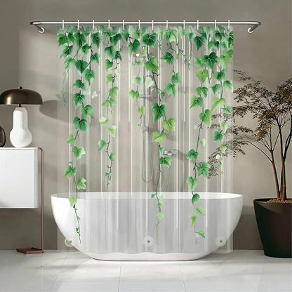 Clear Green Ivy Leaves Shower Curtain Liner, Transparent Plastic Nature Green Botanical Leaf Decorative Waterproof Shower Curtains for Bathroom, 72x78 Weighted Magnetic Shower Curtain Liner with Hooks
