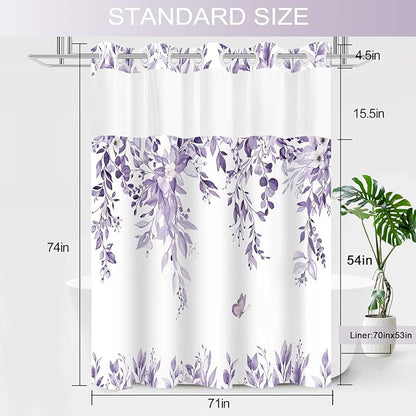 No Hook Shower Curtain and Liner Set, Light Purple Eucalyptus Floral Shower Curtains for Bathroom, Bath Curtain Sets with Snap in Liner, Waterproof with See Through Top Window, 71x74 Inches