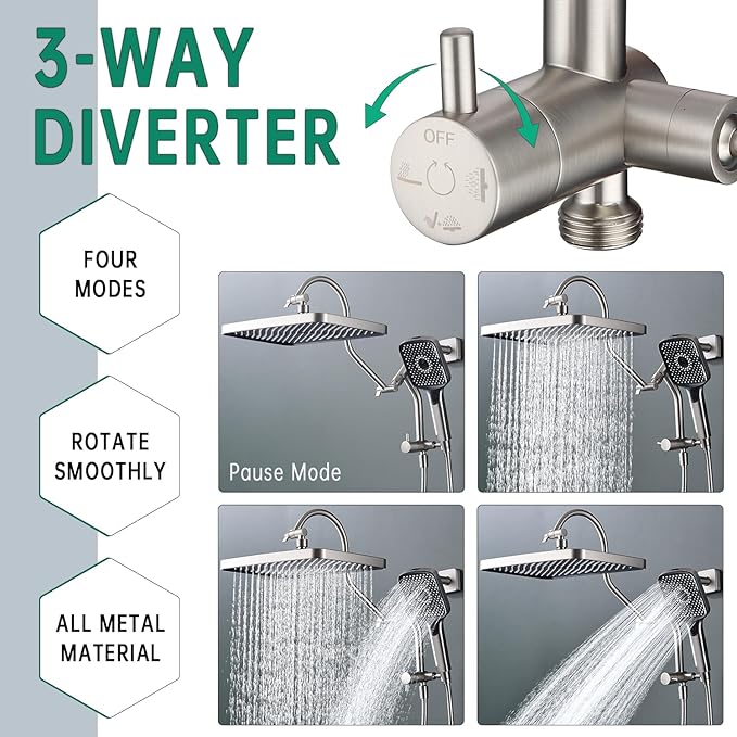 13 Inch Rainfall Shower Head with Multi-Function Handheld Sprayer Combo, 3-Way Metal Extended Diverter with Holder and Metal Adjustable Curved Shower Extension Arm, Extra Long Hose Brushed Nicke
