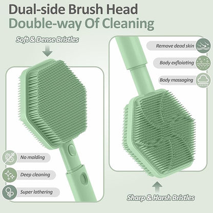 Silicone Back Scrubber & Soft Bath Glove 2PCS, 16''- 21''Extendable Back Scrubber with Dual-Side Large Head, 360° Anti-Slip Hand-fit Silicone Body Scrubber for Rich Foaming Deep Cleaning(Green)
