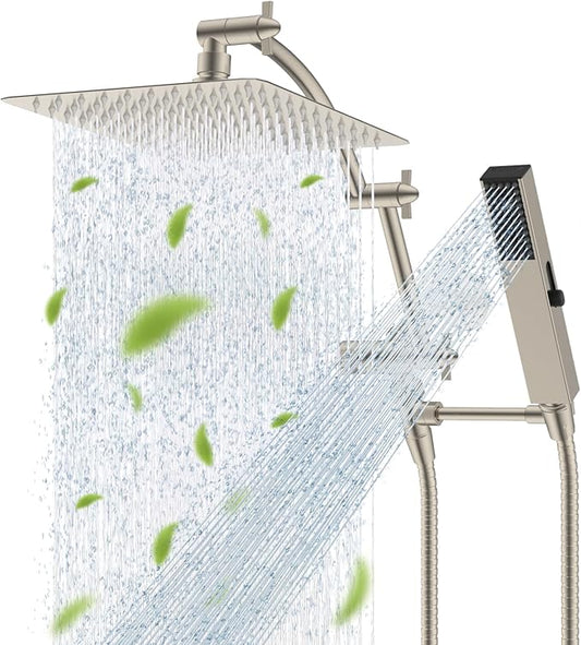 Hibbent All Metal CUPC Certified 10'' Rainfall Shower Head, Dual Shower Head Combo, High Pressure Handheld 4 Sprays Shower Wand, 16'' Adjustable Extension Arm, 71'' Hose, Shower Holder, Brushed Nickel
