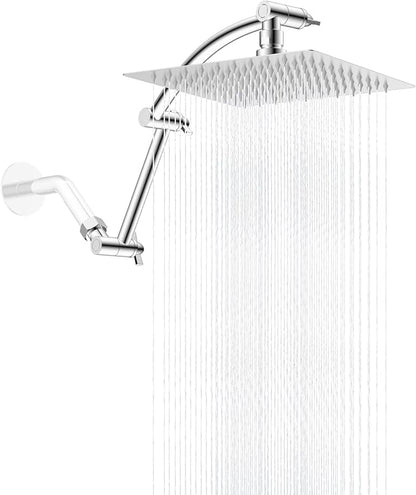 Hibbent All Metal Rain Shower Head, 8'' High Pressure Rainfall Square Showerhead with 16" Shower Head Extension Arm, Solid Brass Adjustable Shower Arm Extender, Waterfall fixed Showerheads, Chrome