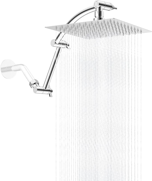 Hibbent All Metal Rain Shower Head, 8'' High Pressure Rainfall Square Showerhead with 16" Shower Head Extension Arm, Solid Brass Adjustable Shower Arm Extender, Waterfall fixed Showerheads, Chrome