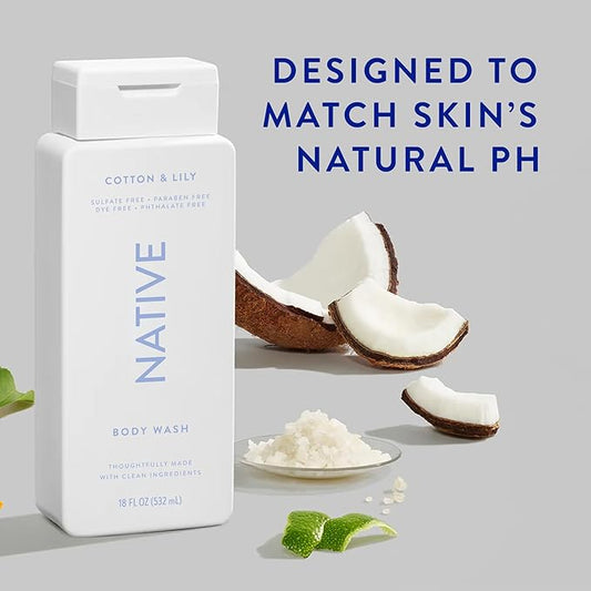 Native Body Wash Contains Naturally Derived Ingredients | For Women & Men, Sulfate, Paraben, & Dye Free Leaving Skin Soft and Hydrating | Cotton & Lily 18 oz - 2 Pk