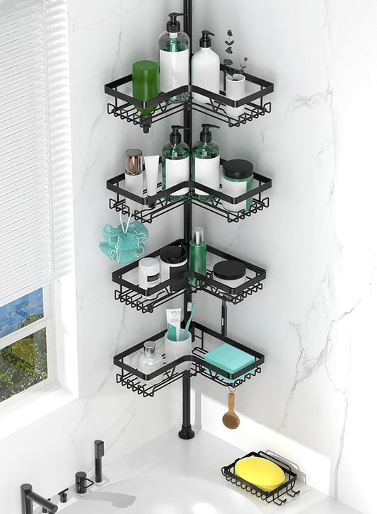 Tension Pole Shower Caddy Corner with 2 Soap Holders, 4 Tier Bathroom Shower Organizer Floor to Ceiling 25-114 inch, Adjustable, Multiple Hooks, Stable Base, Rustproof, Black