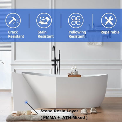 Cpingao 59" Solid Surface Freestanding Bathtub, Contemporary Oval Stone Resin Stand Alone Soaking Tub with Overflow and Pop Up Drain, One-Piece Molding Matte White 8828-1500