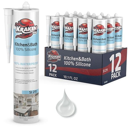 Kraken Bond Premium Kitchen and Bathroom Silicone Caulk Clear - (12x10.1 fl.oz) RTV Clear Silicone Sealant Waterproof for Kitchen, Bathroom, Shower, Sink, Anti Shrink 100% Silicone Caulking | 12 Pack