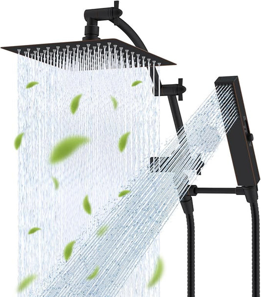 Hibbent All Metal CUPC Certified 8'' Rain Shower Head, Dual Shower Head Combo, High Pressure Handheld 4 Sprays Shower Wand, 16'' Adjustable Extension Arm, 71'' Hose, Shower Holder, Oil Rubbed Bronze