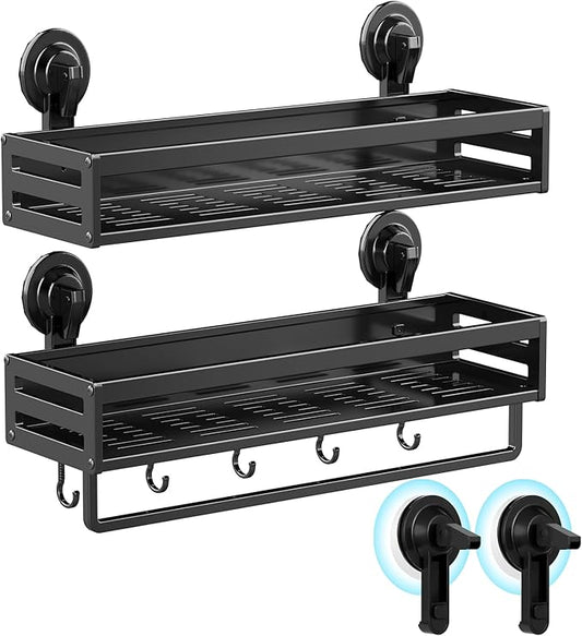 Shower Caddy Suction Cup, 15.8 inch 2 Pack Suction Shower Shelf with Hooks NO-Drilling Bathroom Holder, Rustproof Bathroom Organizer, Black,Includes 2 Extra Suction Cups for Replacement Use