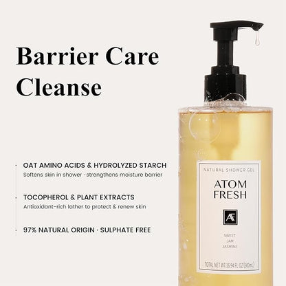 Atom Fresh Fine Fragrance Body Wash – Sweet Jam Jasmine Scent | Gentle Amino-Acid Cleanser with Oat, Soapberry & Vitamin E | Plant-Based & Sulfate-Free, 16.94 fl oz