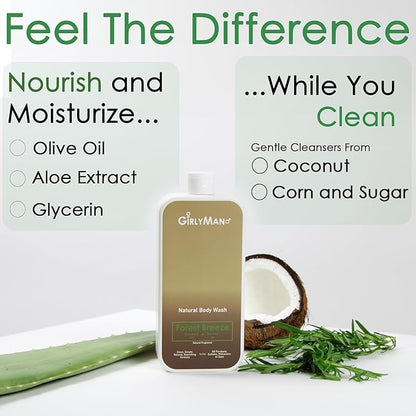 GirlyMan Natural Body Wash - Made with Olive Oil & Aloe Extract, No Artificial Fragrance, PH Balanced, Gentle Formula, Nourishing Ingredients, Family Owned (Rosemary Tea Tree)
