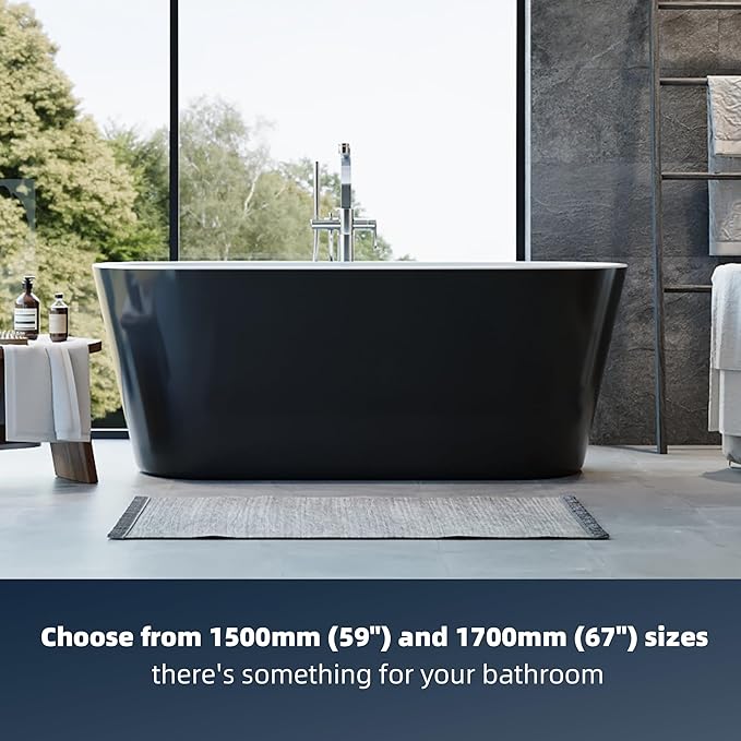 59 Inch Freestanding Bathtub, Acrylic Soaking Bathtub with Chrome Drain and Overflow, Standalone Ergonomic Tub for Bathroom Relaxation, Deep Design for Family and Guest Use, White+Black