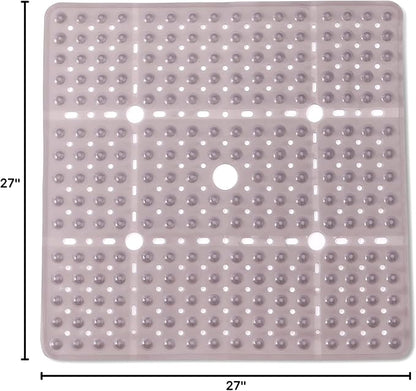 ENKOSI Large 27 x 27 inch Square Non-Slip Shower Mat - Anti Slip Shower Stall Mat for Elderly and Young - Durable Shower Mat with Strong Secure Suction Cups and Drain Holes (27x27 Clear Grey)