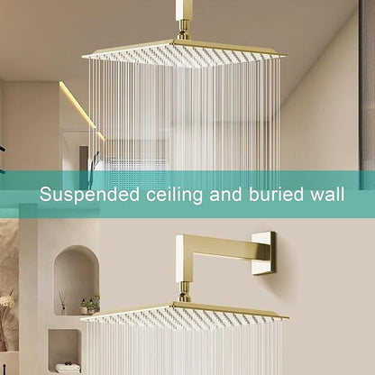 Square Rain Shower Head, High Flow Stainless Steel,Work with any decorative style，All Metal Rainfall Shower Head (Brushed Gold, 12)
