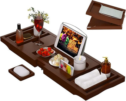 Bathtub Caddy Tray for Tub, Foldable Bamboo Bath Table Tray with Book and Wine Glass Holder, Expandable Bathroom Accessories with Free Soap Dish Suitable for Luxury Spa or Reading, Brown