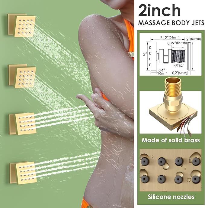 Enga Dual Shower Head System with Body Jets, 12"+ 6" Wall Mounted Dual Rain Shower Faucet with Valve Kit, Brushed Gold