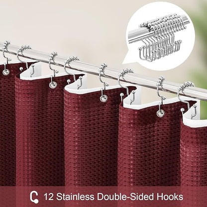 3 in 1 Extra Long Burgundy Shower Curtain Set-72 W x 84 H, Modern Waffle and PEVA Liner Set with 12 Stainless Steel Hooks, Waterproof Fabric for Bathroom