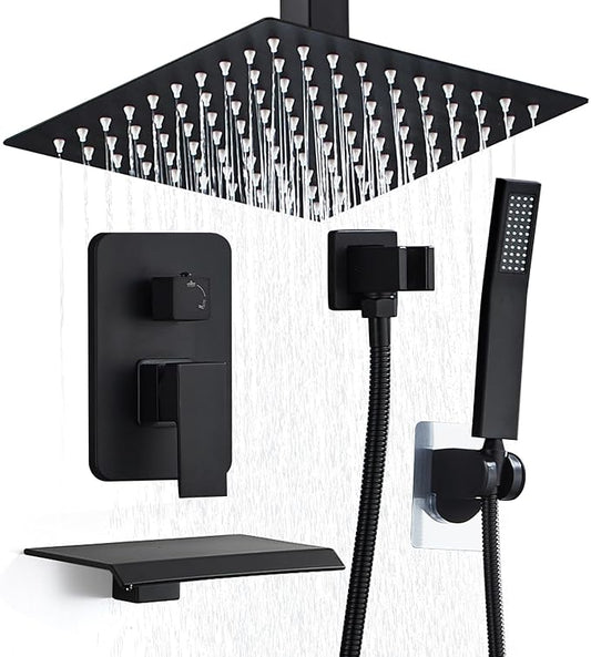 12 Inch Shower Faucet Set, Ceiling Mounted Rainfall Shower System with High Pressure Handheld Shower Head, Bathroom Mixer Shower Set Rough-in Valve and Trim Kit, Matte Black, with Tub Spout
