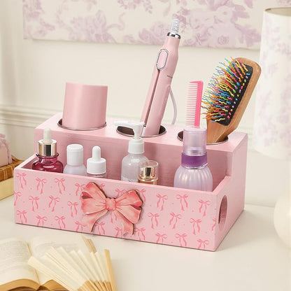 Pink Bow Hair Dryer Holder Wall Mounted Wooden Hair Dryer Holder Countertop Coquettish Preppy Bathroom Storage Accessories Decor Vanity Tools Bathroom Organizer for Curling Wand