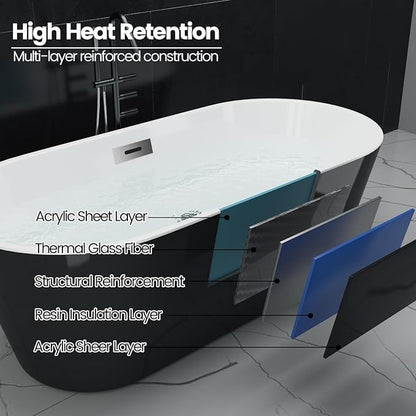 59 in Acrylic Freestanding Bathtub, Contemporary Stand Alone Tub,Black Soaking Tub, with Chrome Overflow and Drain,CUPC Certified