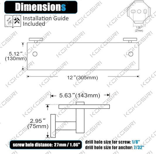 KOKOSIRI Bathroom Shelves Glass Floating Shelf 12-Inch for Bedroom, Living Room, Kitchen, Small Hanging Rack Rustproof Wall Mounted Black B1105BK-L12