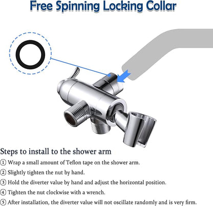 Shower Arm Diverter with Handshower Mount, G1/2 Brass 3 Way Shower Diverter Valve Bathroom Universal Shower System Replacement for Handheld Shower and Fixed Shower Head(Matte Black)
