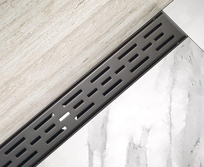 HEATGENE 28-Inch Linear Shower Drain in Venetian Bronze - Stainless Steel Rectangular Shower Floor Drain - Removable Decorative Cover - Adjustable Leveling Feet - CUPC Certified