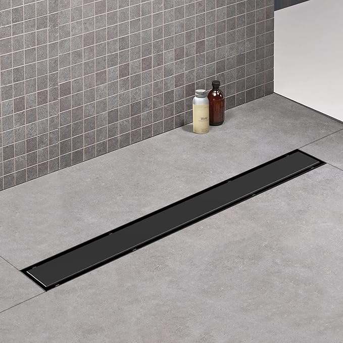 Linear Shower Drain, 40 inch Black Drain with Tile Insert 2-in-1 Panel, Brushed 304 Stainless Steel Shower Floor Drain, Linear Drain with Hair Strainer and Adjustable Feet